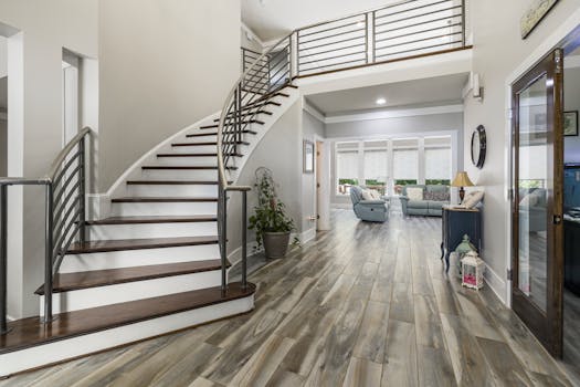 Spacious modern home interior featuring a curved staircase and stylish decor.